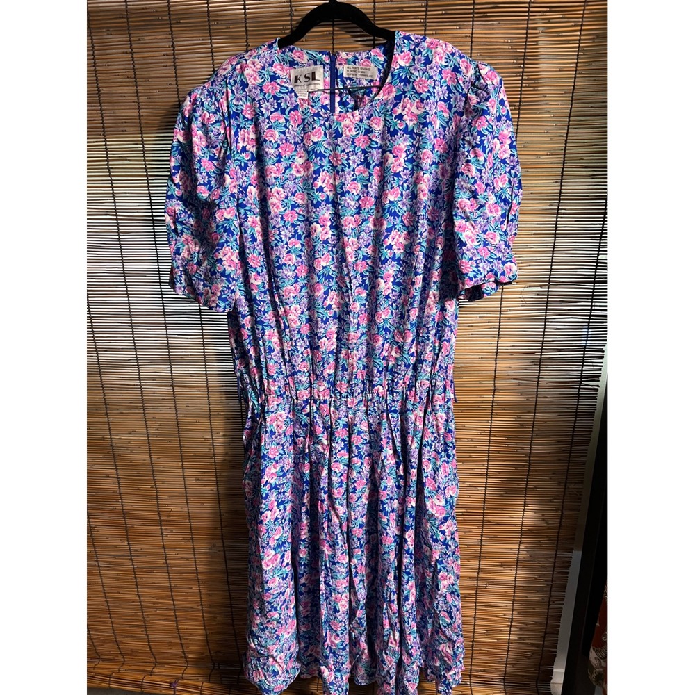 Karin Stevens KSL Floral Midi Dress Blue Rayon 18W Plus Size 80s 90s